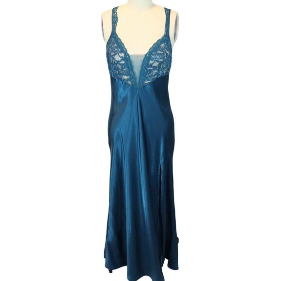 VICTORIA'S SECRET Vintage Teal Sheer Bust Lace Maxi Nightgown Size S Peignoir